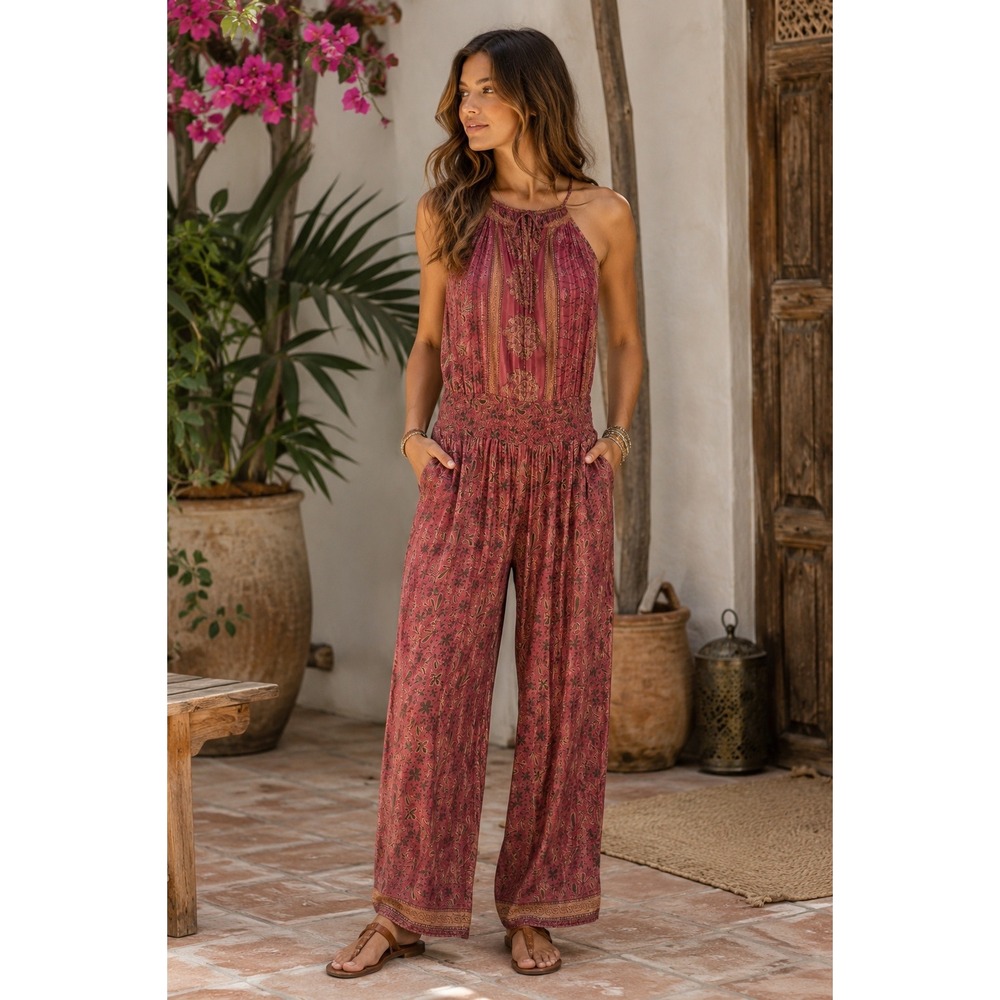 India Boutique Red Gold Paisley Glitter Smocked Waist Maxi Jumpsuit Pockets L